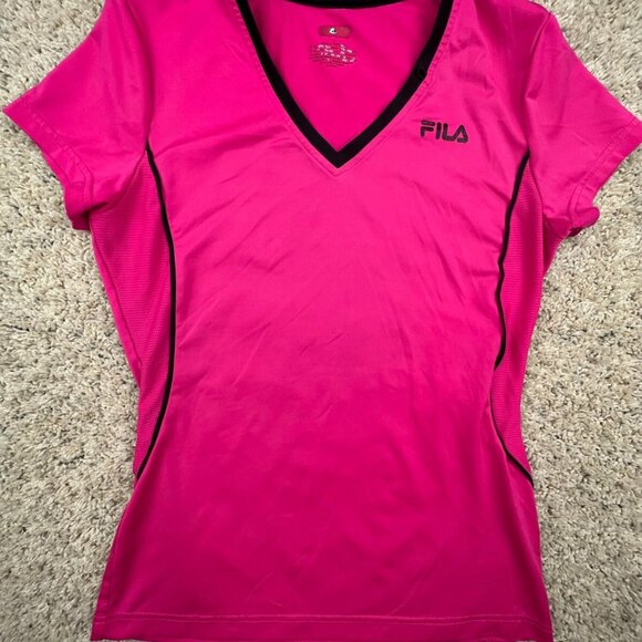 FILA Sport Womens Small Exercise Pink Top Shirt Stretch Spandex Black Trim - Picture 1 of 10